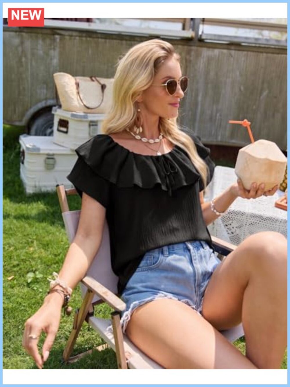 Off Shoulder Ruffle Sleeve Loose Chiffon Blouse Casual Dressy Top - Picture 2 of 5